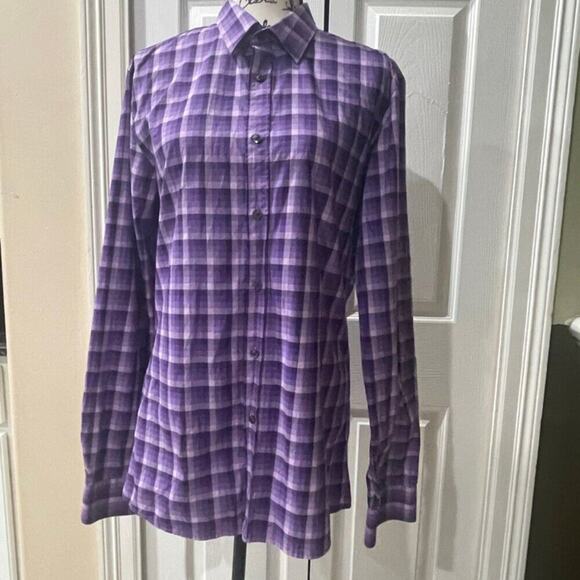 HUGO BOSS SLIM BUTTON UP LONG SLEEVE SHIRT PLAID PURPLE COLOR SIZE LARGE - Picture 12 of 16